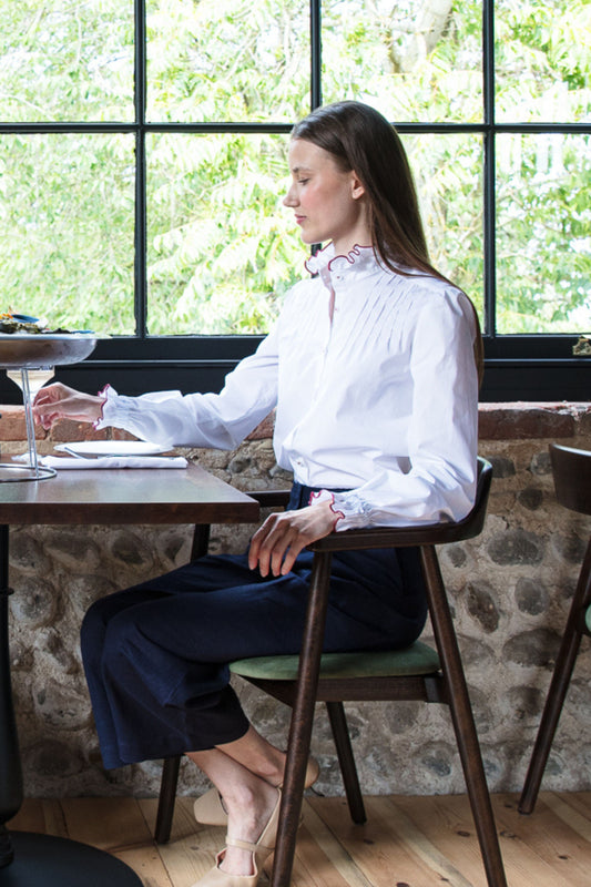 Frill Collar Shirt in White Cotton